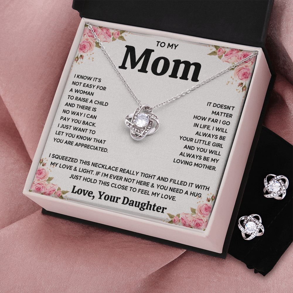 TO MY MOM FROM DAUGHTER SQUEEZED LOVE KNOT EARRING NECKLACE GIFT SET