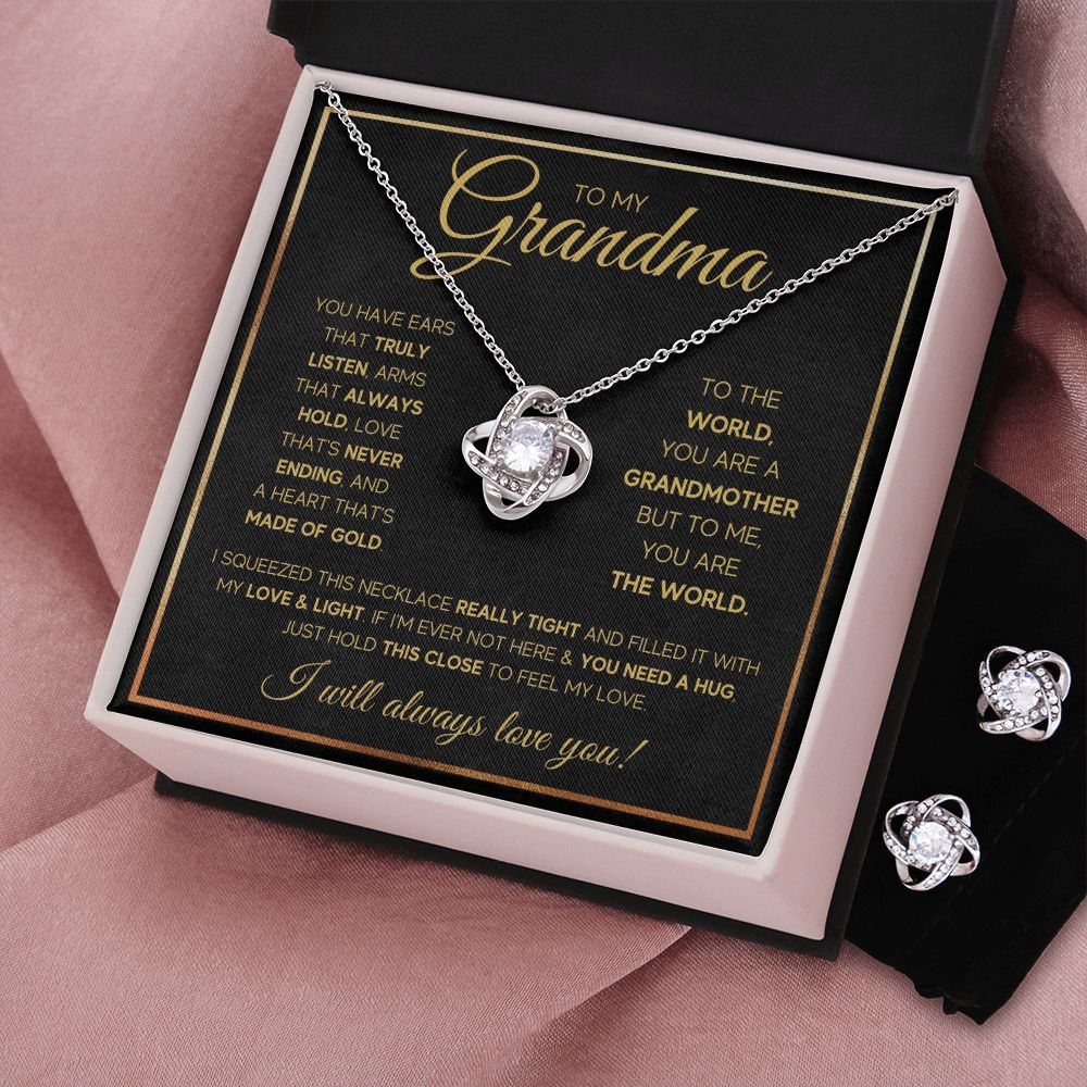 TO MY GRANDMA NEVER ENDING GOLD LOVE KNOT EARRING NECKLACE GIFT SET