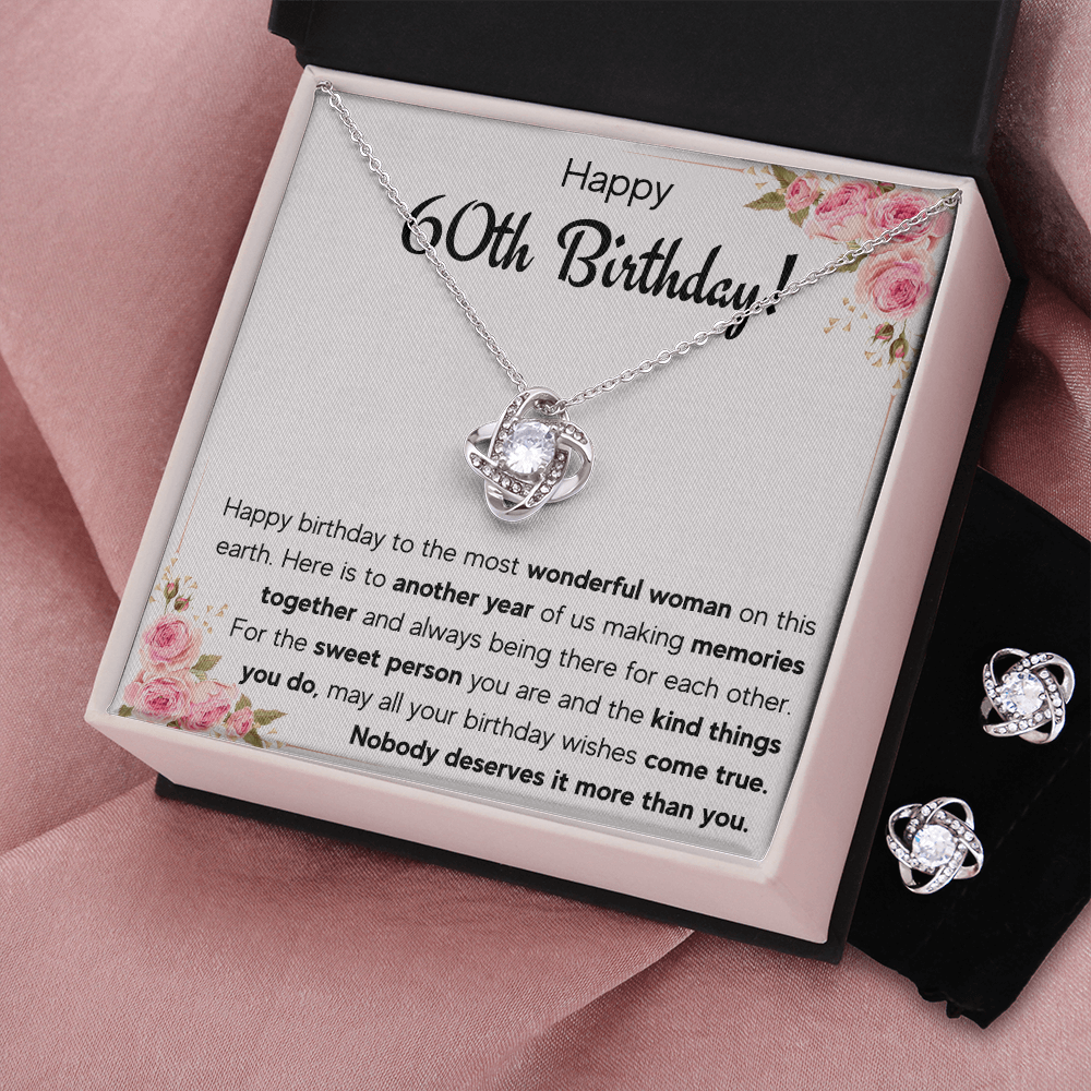 60TH BIRTHDAY MEMORIES LOVE KNOT NECKLACE AND EARRINGS SET