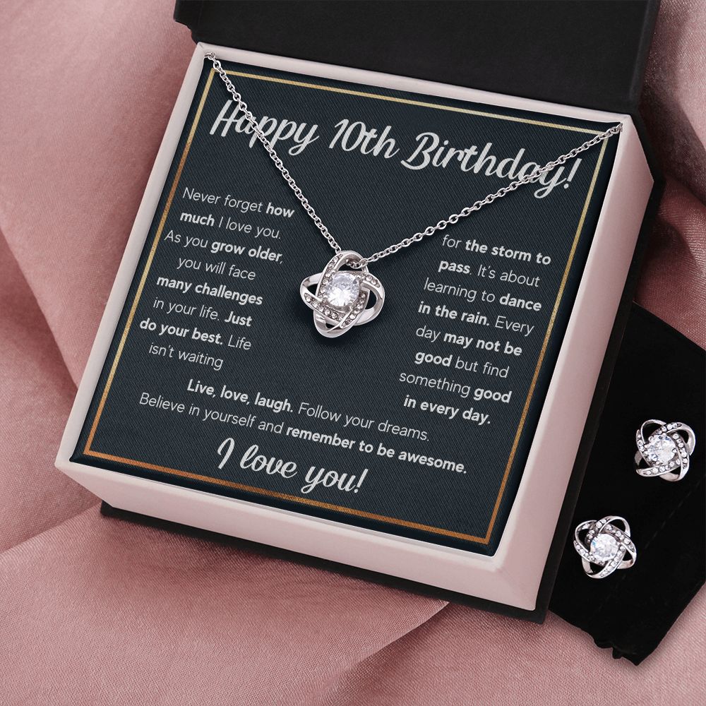 10TH BIRTHDAY RAIN LOVE KNOT NECKLACE AND EARRINGS SET