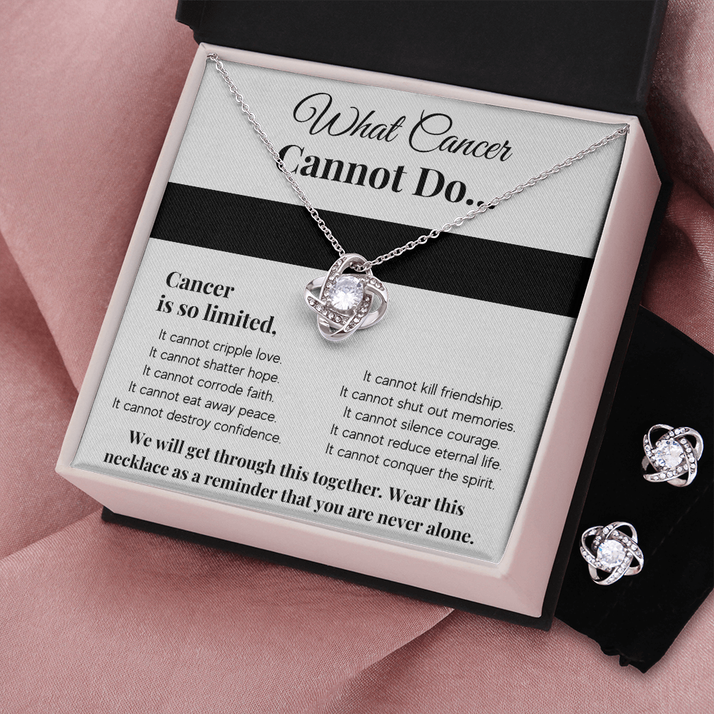 WHAT CANCER CANNOT DO LOVE KNOT NECKLACE AND EARRINGS
