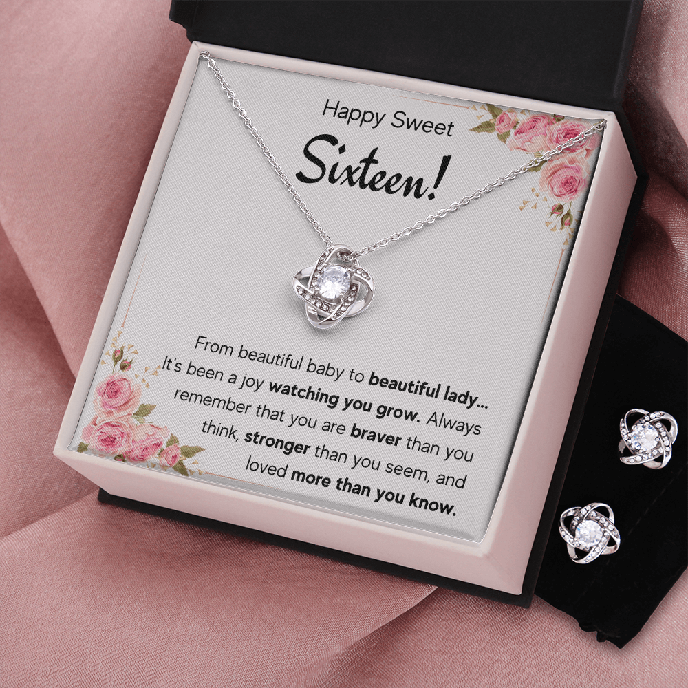 HAPPY SWEET SIXTEEN JOY LOVE KNOT NECKLACE AND EARRINGS SET