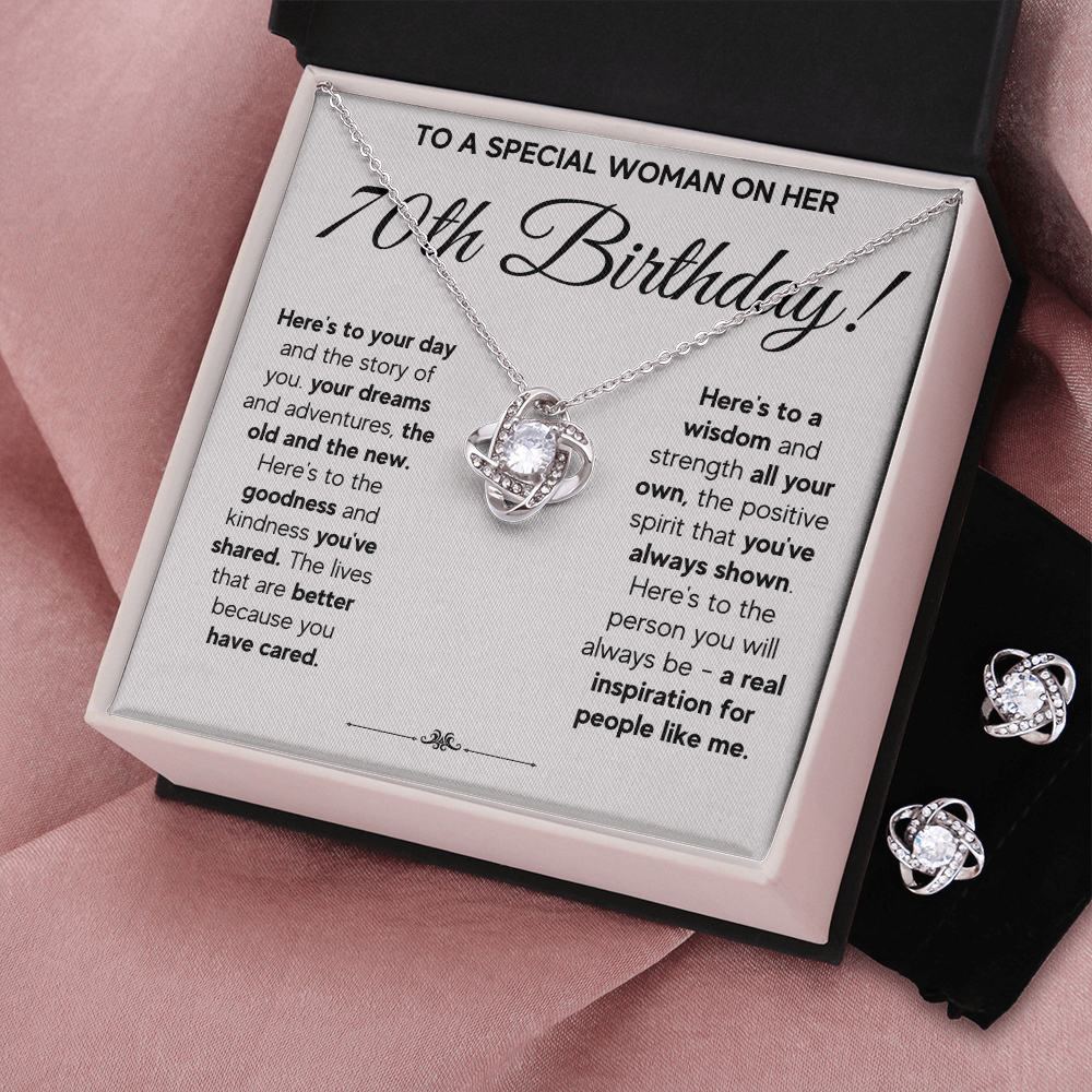 70TH BIRTHDAY WISDOM LOVE KNOT NECKLACE AND EARRINGS SET