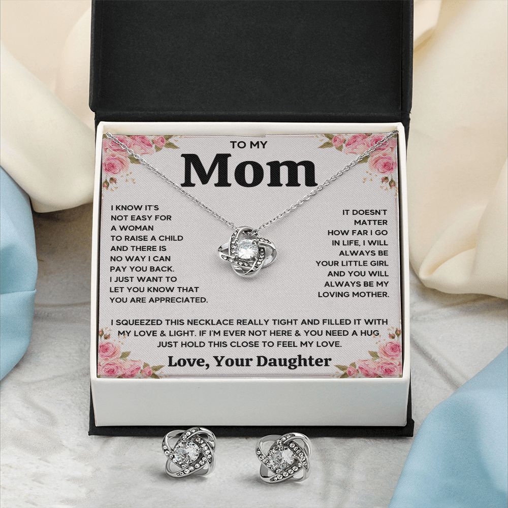 TO MY MOM FROM DAUGHTER SQUEEZED LOVE KNOT EARRING NECKLACE GIFT SET