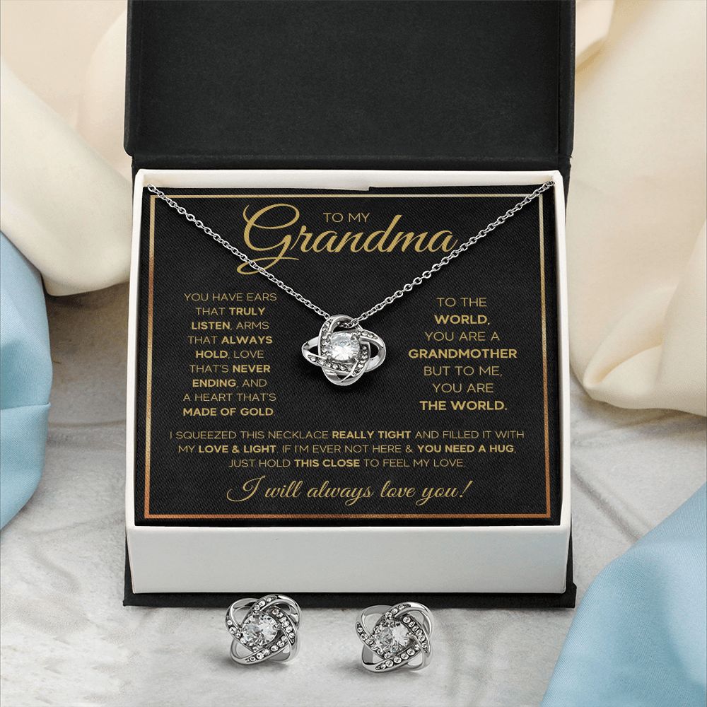 TO MY GRANDMA NEVER ENDING GOLD LOVE KNOT EARRING NECKLACE GIFT SET