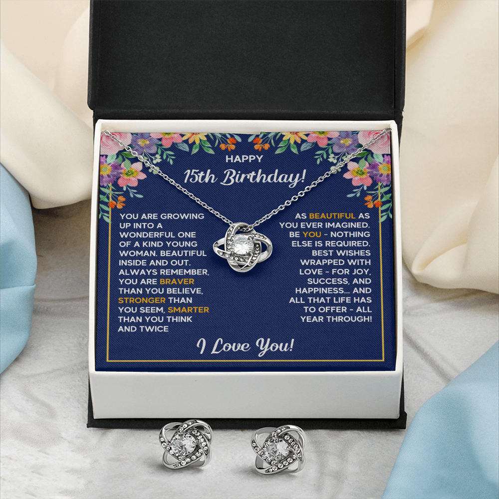 HAPPY 15TH BIRTHDAY WRAPPED LOVE KNOT NECKLACE AND EARRINGS SET