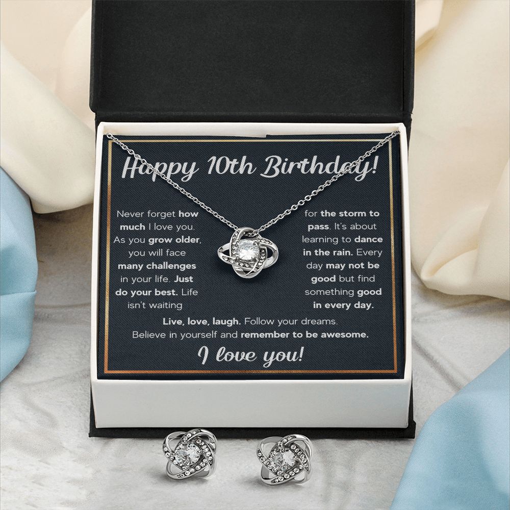 10TH BIRTHDAY RAIN LOVE KNOT NECKLACE AND EARRINGS SET