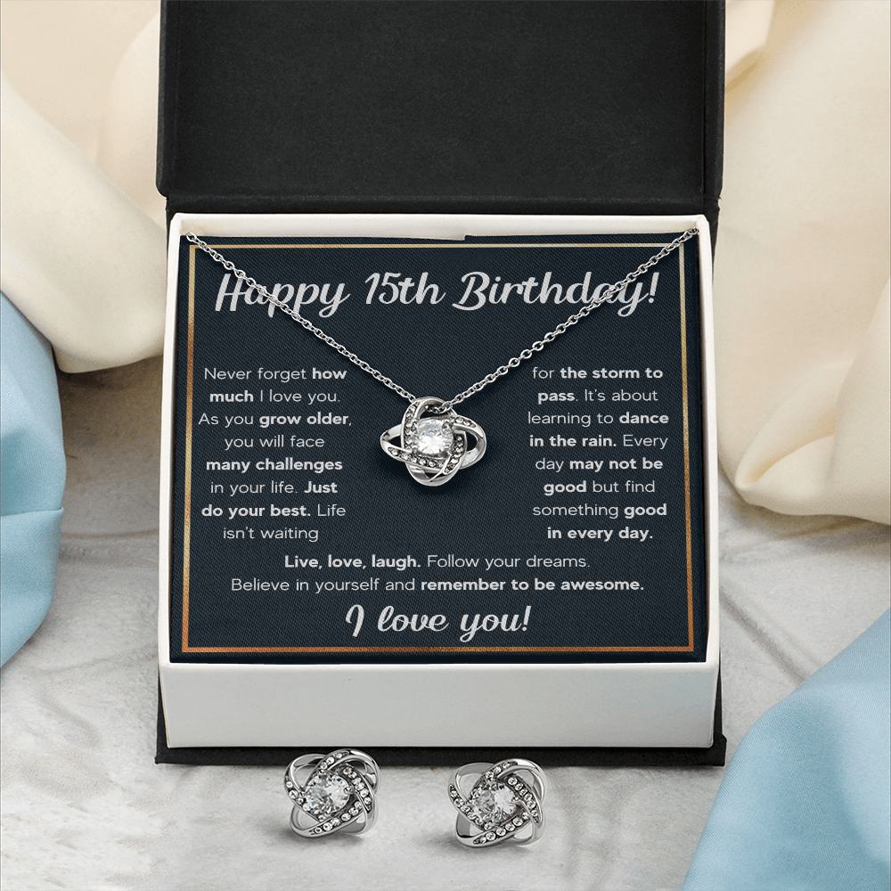 HAPPY 15TH BIRTHDAY RAIN LOVE KNOT NECKLACE AND EARRINGS SET