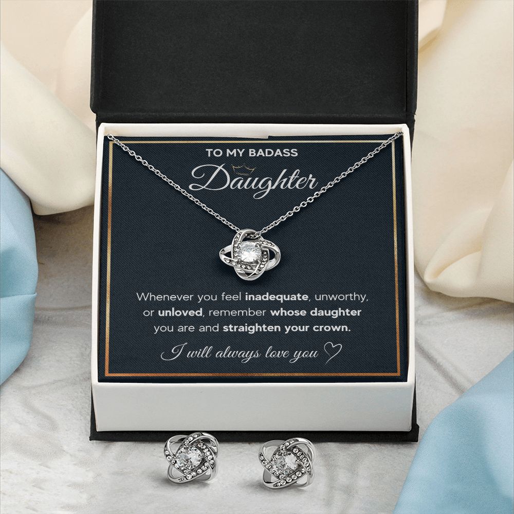 TO MY BADASS DAUGHTER LOVE KNOT NECKLACE AND EARRINGS SET