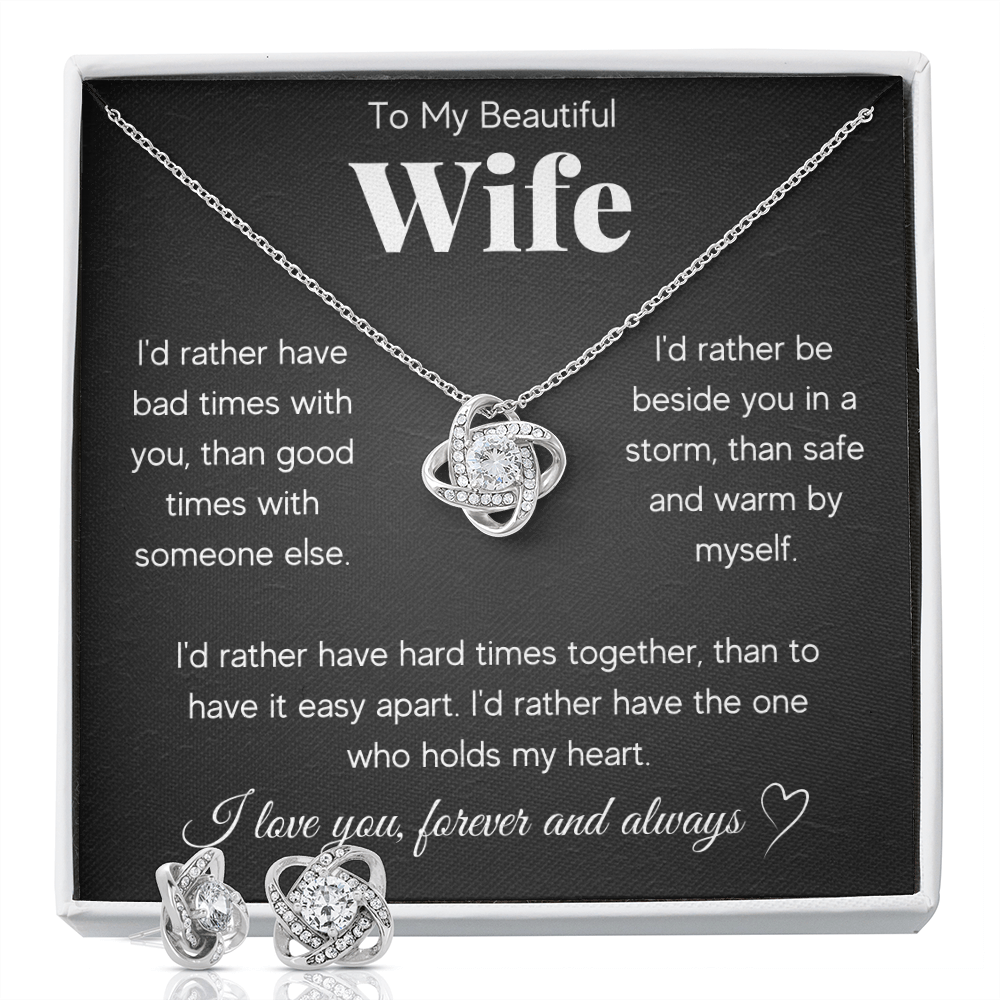 TO MY BEAUTIFUL WIFE RATHER LOVE KNOT NECKLACE AND EARRINGS SET