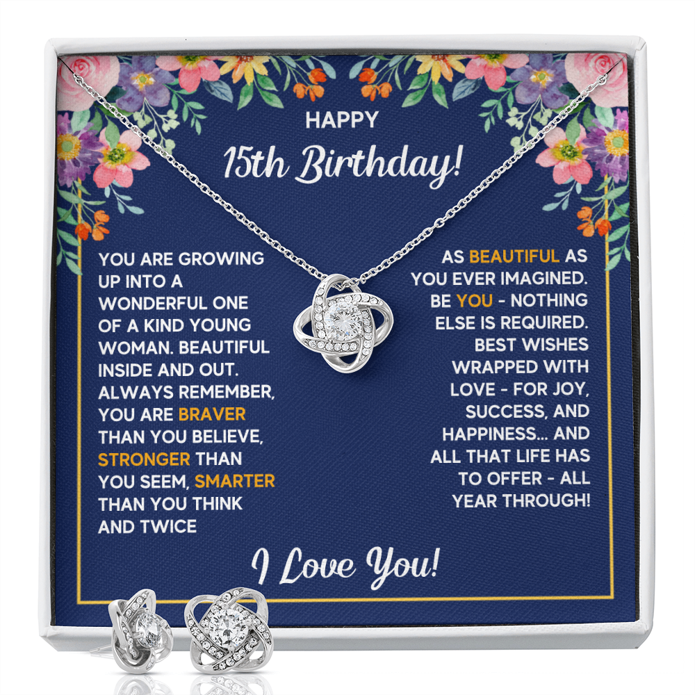 HAPPY 15TH BIRTHDAY WRAPPED LOVE KNOT NECKLACE AND EARRINGS SET