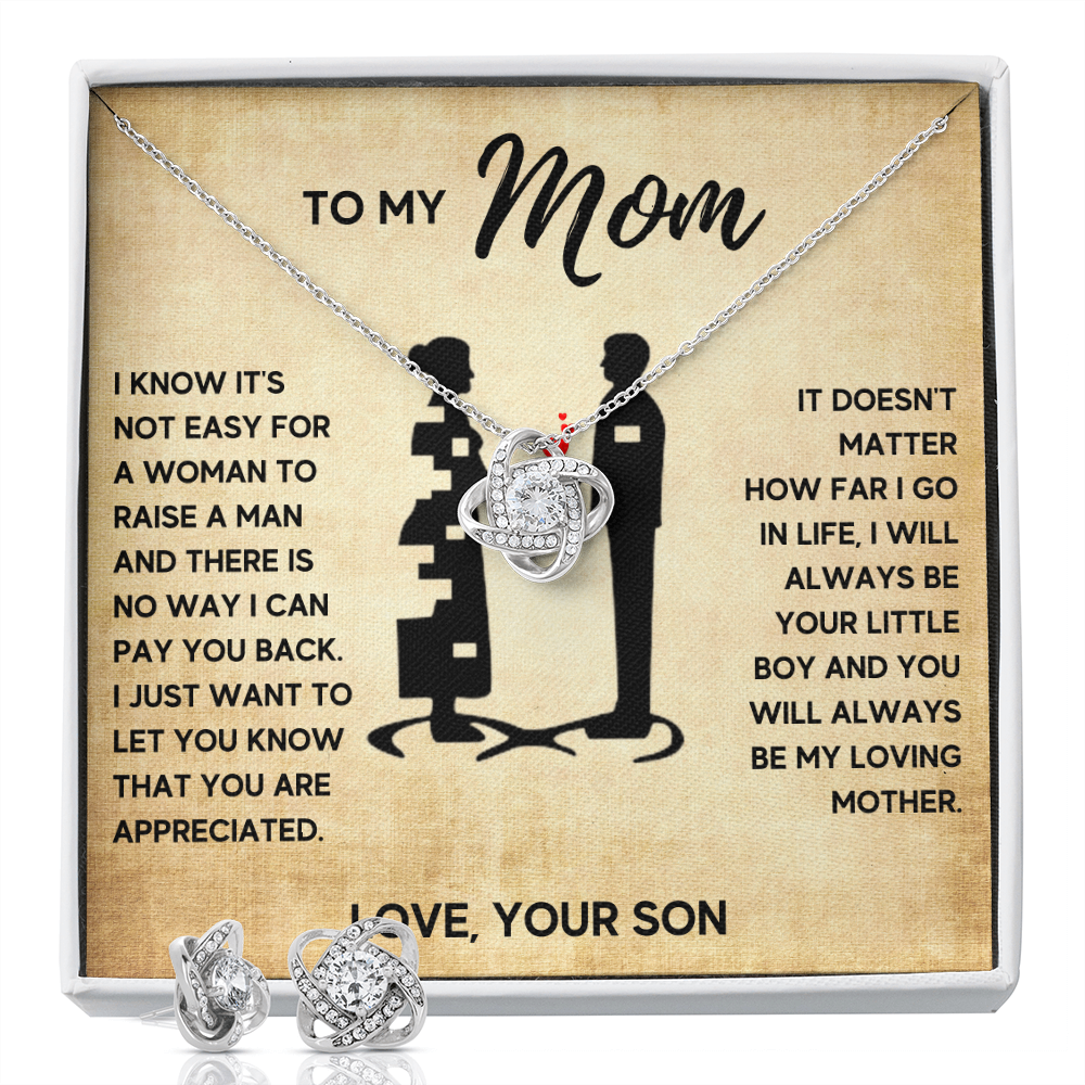 TO MY MOM LITTLE BOY LOVE KNOT NECKLACE AND EARRINGS SET