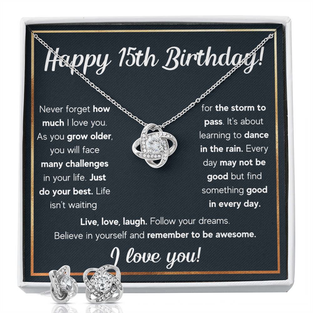 HAPPY 15TH BIRTHDAY RAIN LOVE KNOT NECKLACE AND EARRINGS SET