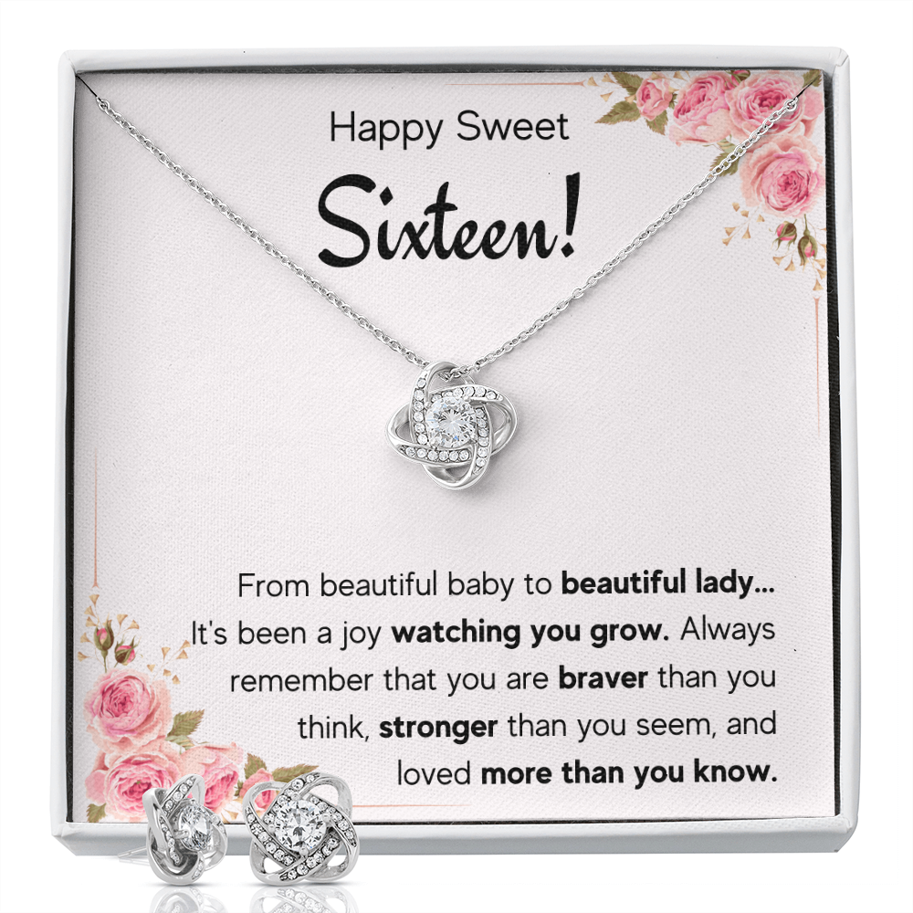 HAPPY SWEET SIXTEEN JOY LOVE KNOT NECKLACE AND EARRINGS SET