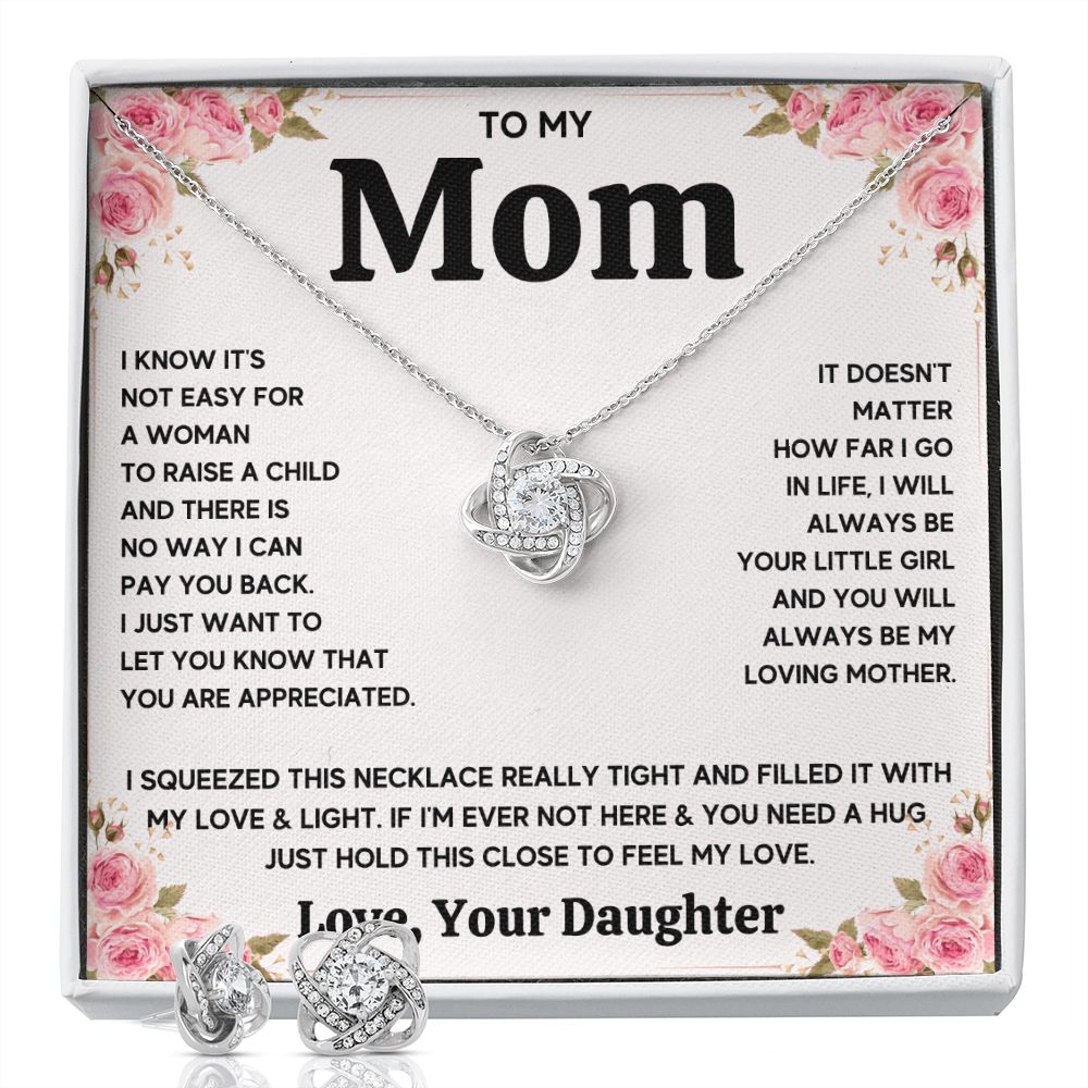 TO MY MOM FROM DAUGHTER SQUEEZED LOVE KNOT EARRING NECKLACE GIFT SET