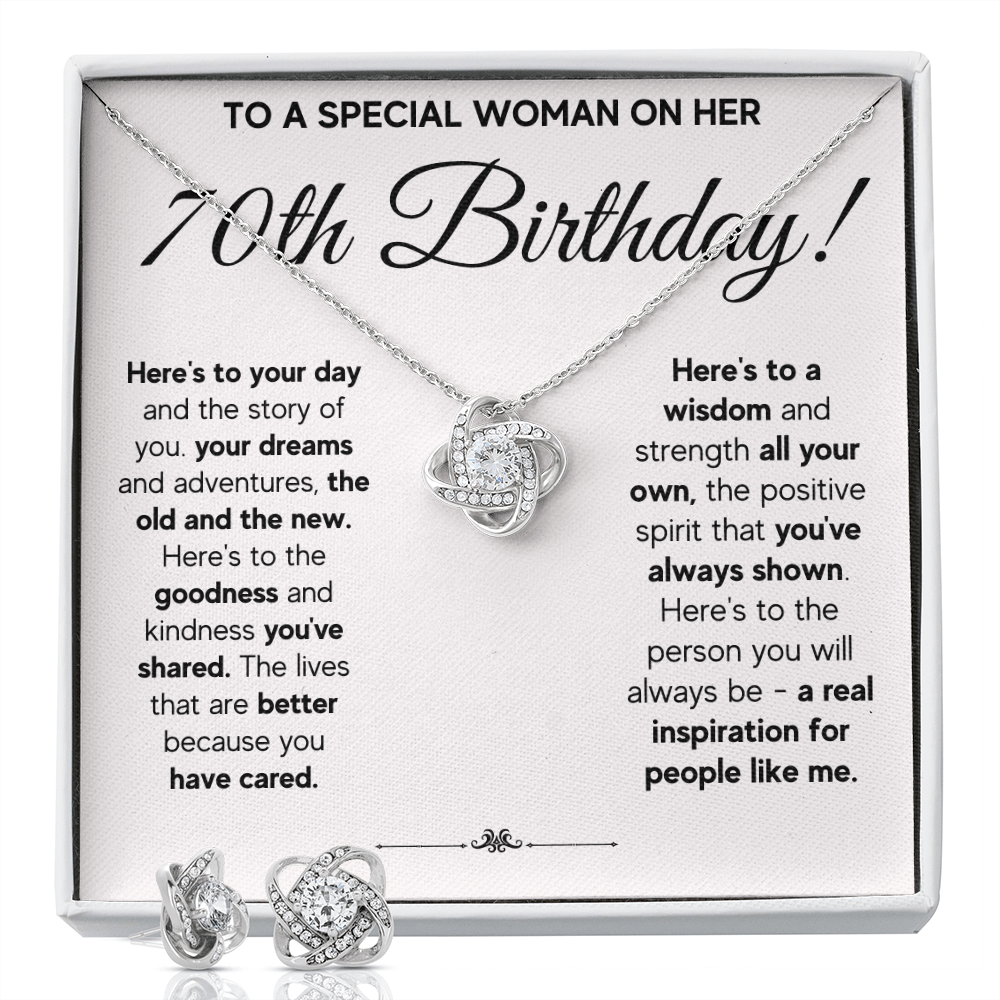 70TH BIRTHDAY WISDOM LOVE KNOT NECKLACE AND EARRINGS SET