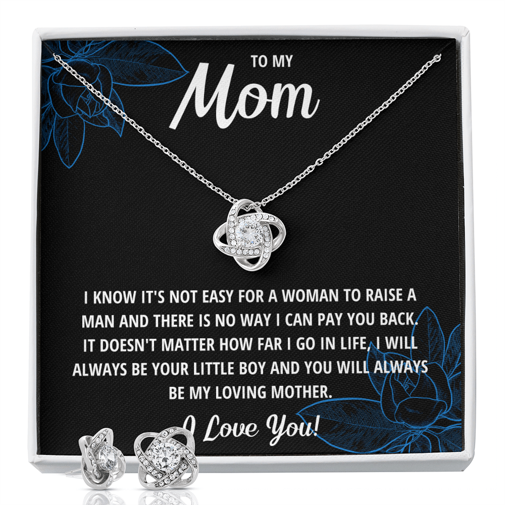 TO MY MOM LITTLE BOY BLACK LOVE KNOT NECKLACE AND EARRINGS SET