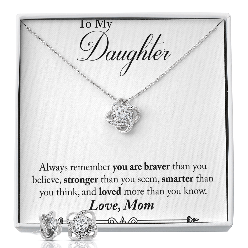 TO MY DAUGHTER BRAVER LOVE KNOT NECKLACE AND EARRINGS SET