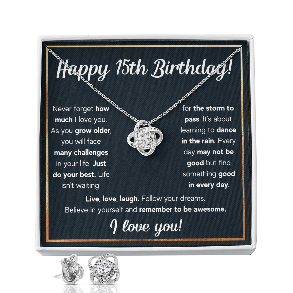 HAPPY 15TH BIRTHDAY RAIN LOVE KNOT NECKLACE AND EARRINGS SET