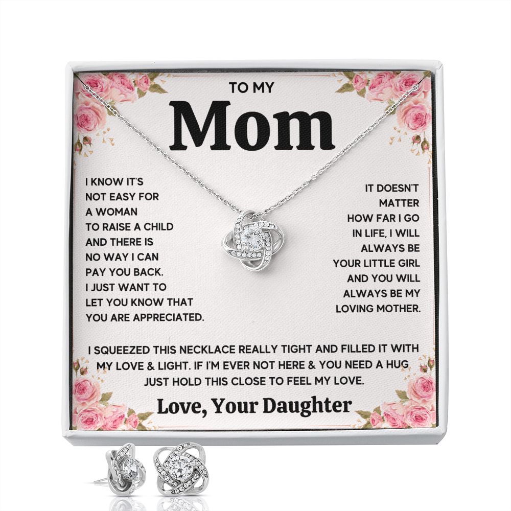 TO MY MOM FROM DAUGHTER SQUEEZED LOVE KNOT EARRING NECKLACE GIFT SET