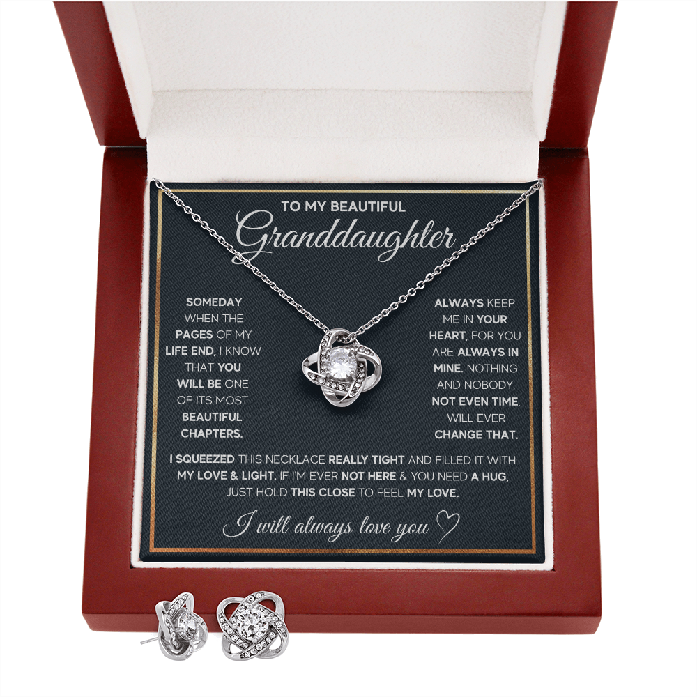 TO MY GRANDDAUGHTER SQUEEZED LOVE KNOT NECKLACE AND EARRINGS