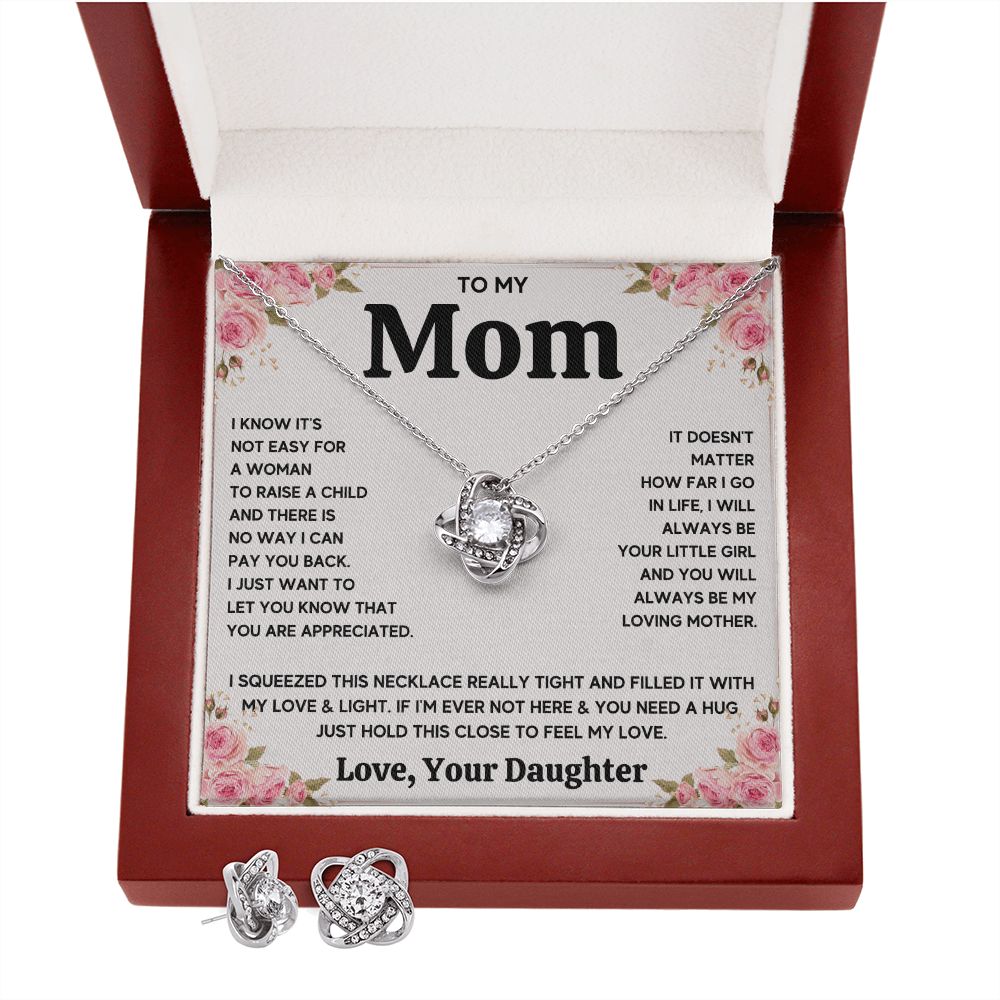 TO MY MOM FROM DAUGHTER SQUEEZED LOVE KNOT EARRING NECKLACE GIFT SET