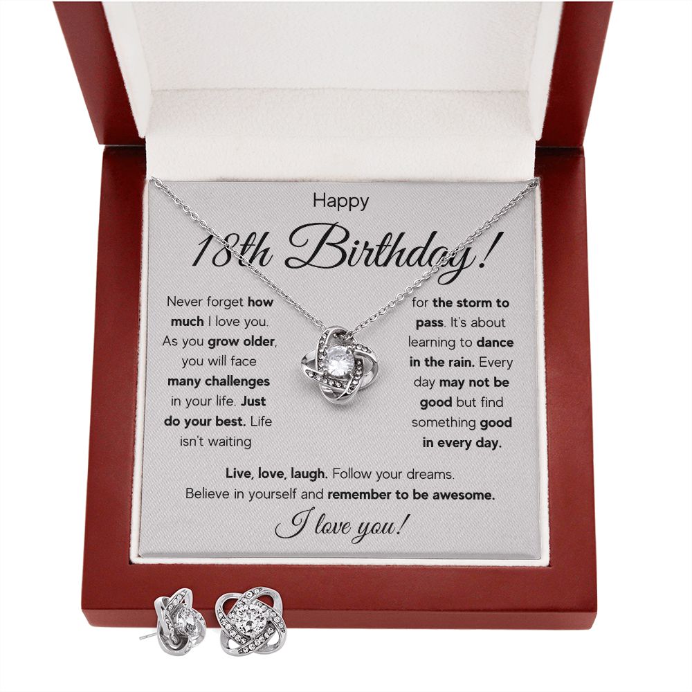 18TH BIRTHDAY STORM LOVE KNOT NECKLACE AND EARRINGS SET