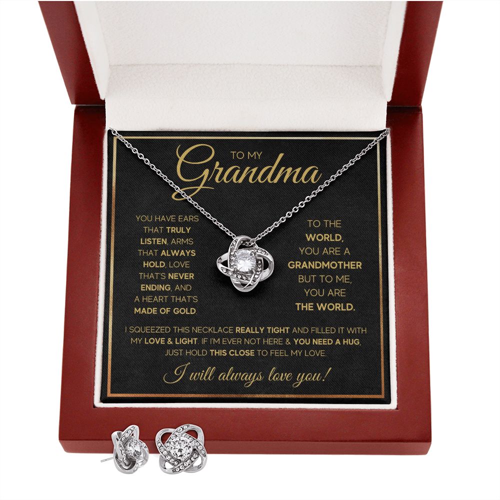 TO MY GRANDMA NEVER ENDING GOLD LOVE KNOT EARRING NECKLACE GIFT SET