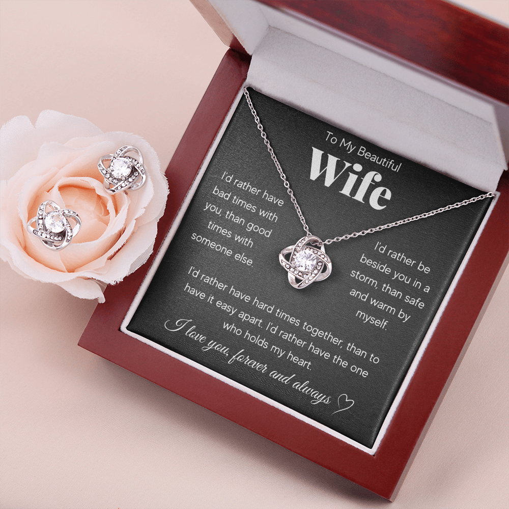 TO MY BEAUTIFUL WIFE RATHER LOVE KNOT NECKLACE AND EARRINGS SET