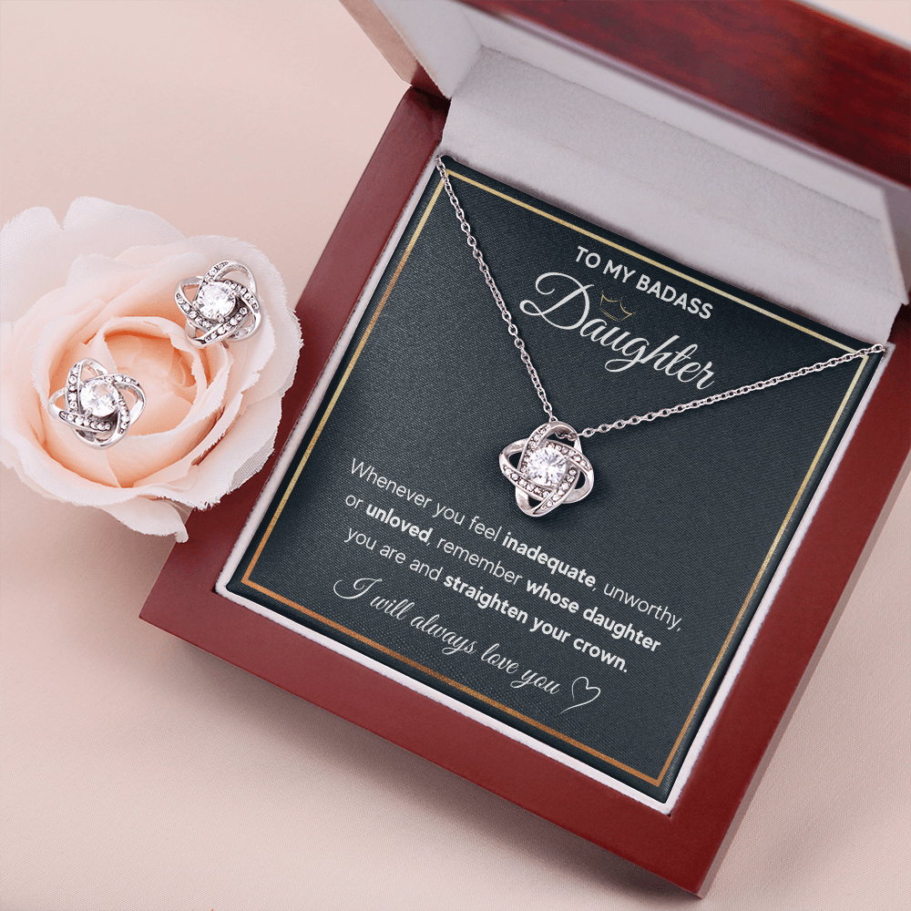 TO MY BADASS DAUGHTER LOVE KNOT NECKLACE AND EARRINGS SET