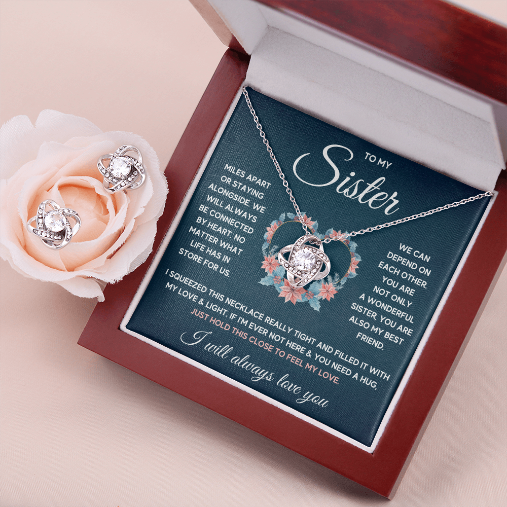 TO MY SISTER SQUEEZED LOVE KNOT NECKLACE AND EARRINGS SET