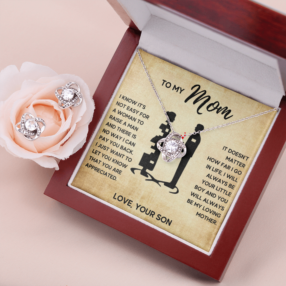 TO MY MOM LITTLE BOY LOVE KNOT NECKLACE AND EARRINGS SET