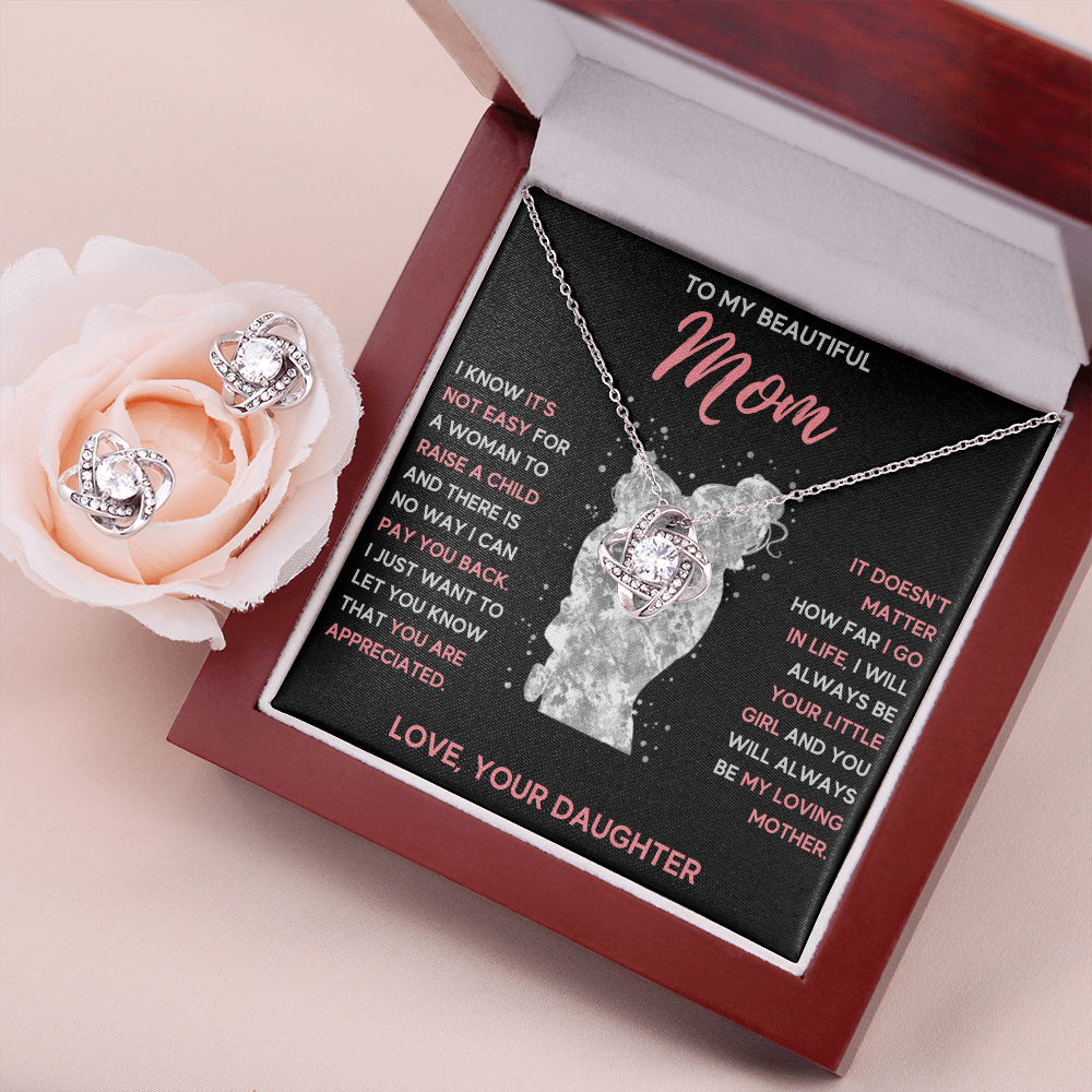 TO MY MOM LITTLE GIRL LOVE KNOT NECKLACE AND EARRINGS SET