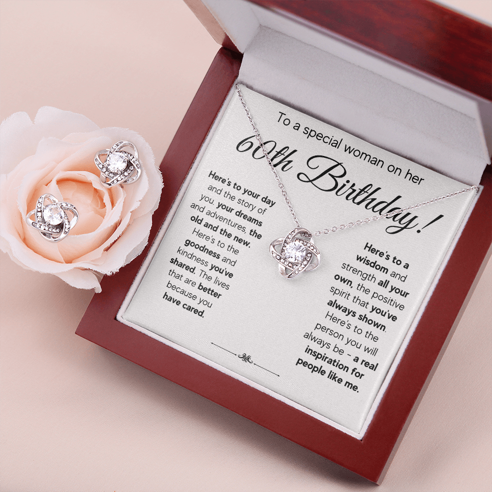 60TH BIRTHDAY WISDOM LOVE KNOT NECKLACE AND EARRINGS SET