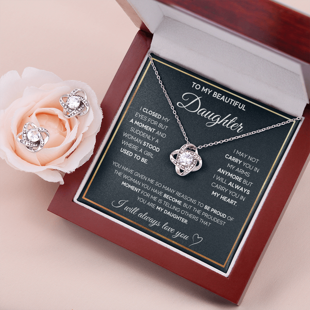 TO MY DAUGHTER PROUD LOVE KNOT NECKLACE AND EARRINGS SET