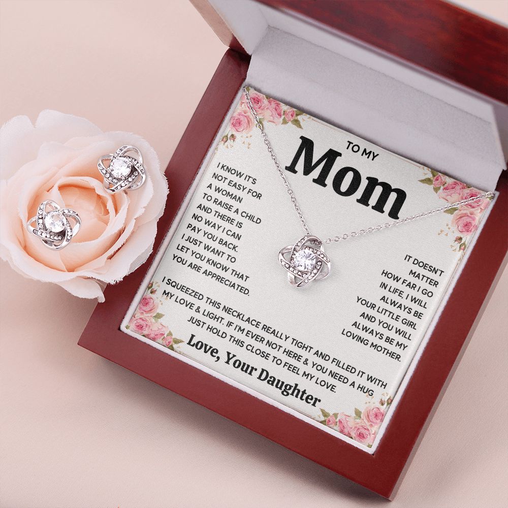 TO MY MOM FROM DAUGHTER SQUEEZED LOVE KNOT EARRING NECKLACE GIFT SET