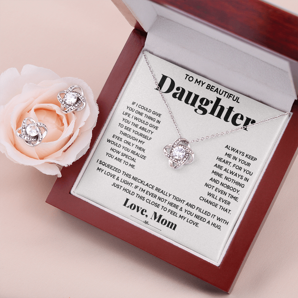TO MY BEAUTIFUL DAUGHTER SQUEEZED LOVE KNOT NECKLACE AND EARRINGS