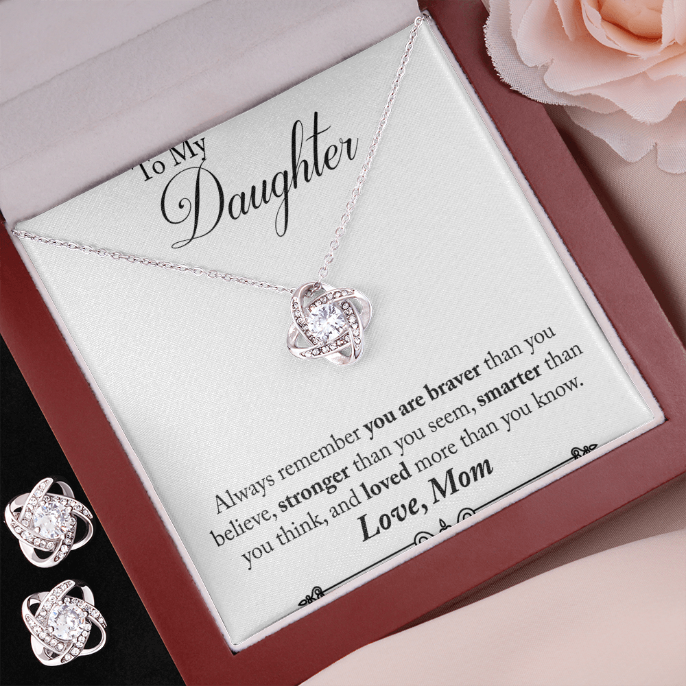TO MY DAUGHTER BRAVER LOVE KNOT NECKLACE AND EARRINGS SET