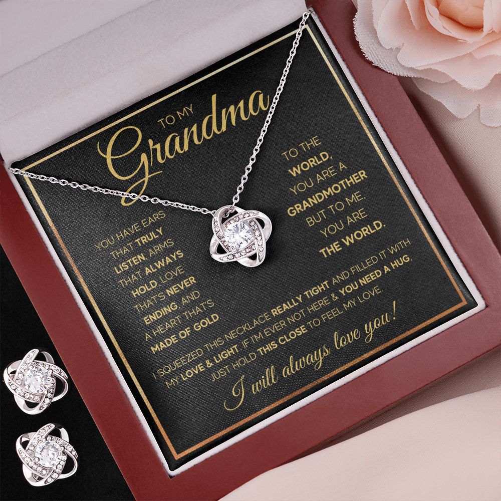 TO MY GRANDMA NEVER ENDING GOLD LOVE KNOT EARRING NECKLACE GIFT SET