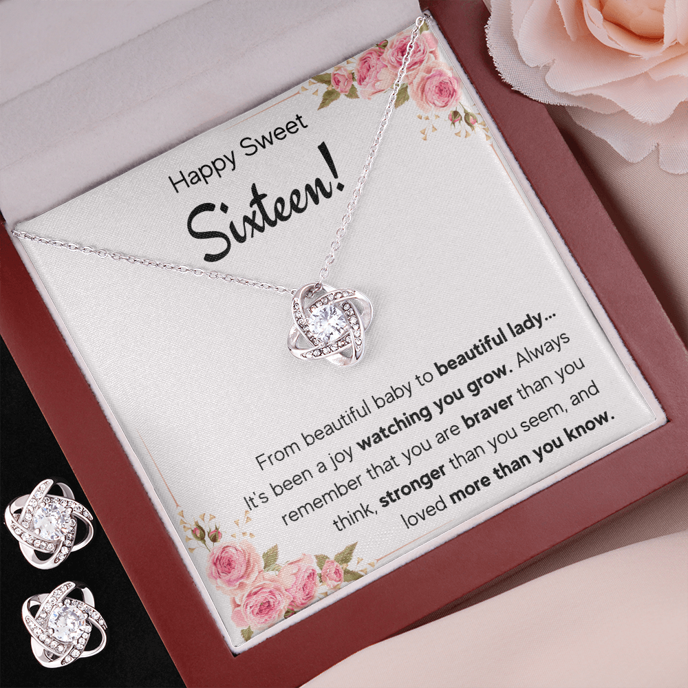 HAPPY SWEET SIXTEEN JOY LOVE KNOT NECKLACE AND EARRINGS SET