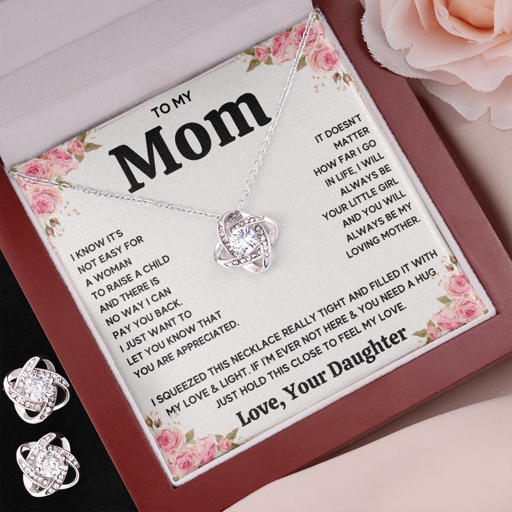 TO MY MOM FROM DAUGHTER SQUEEZED LOVE KNOT EARRING NECKLACE GIFT SET