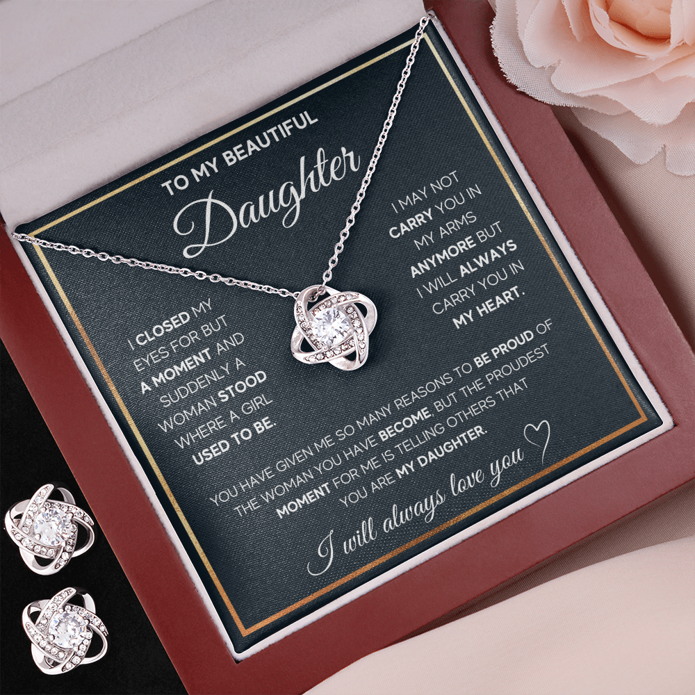 TO MY DAUGHTER PROUD LOVE KNOT NECKLACE AND EARRINGS SET