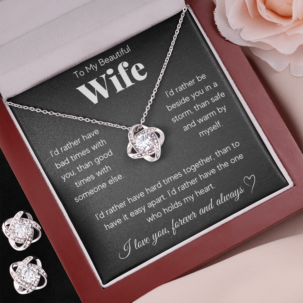 TO MY BEAUTIFUL WIFE RATHER LOVE KNOT NECKLACE AND EARRINGS SET