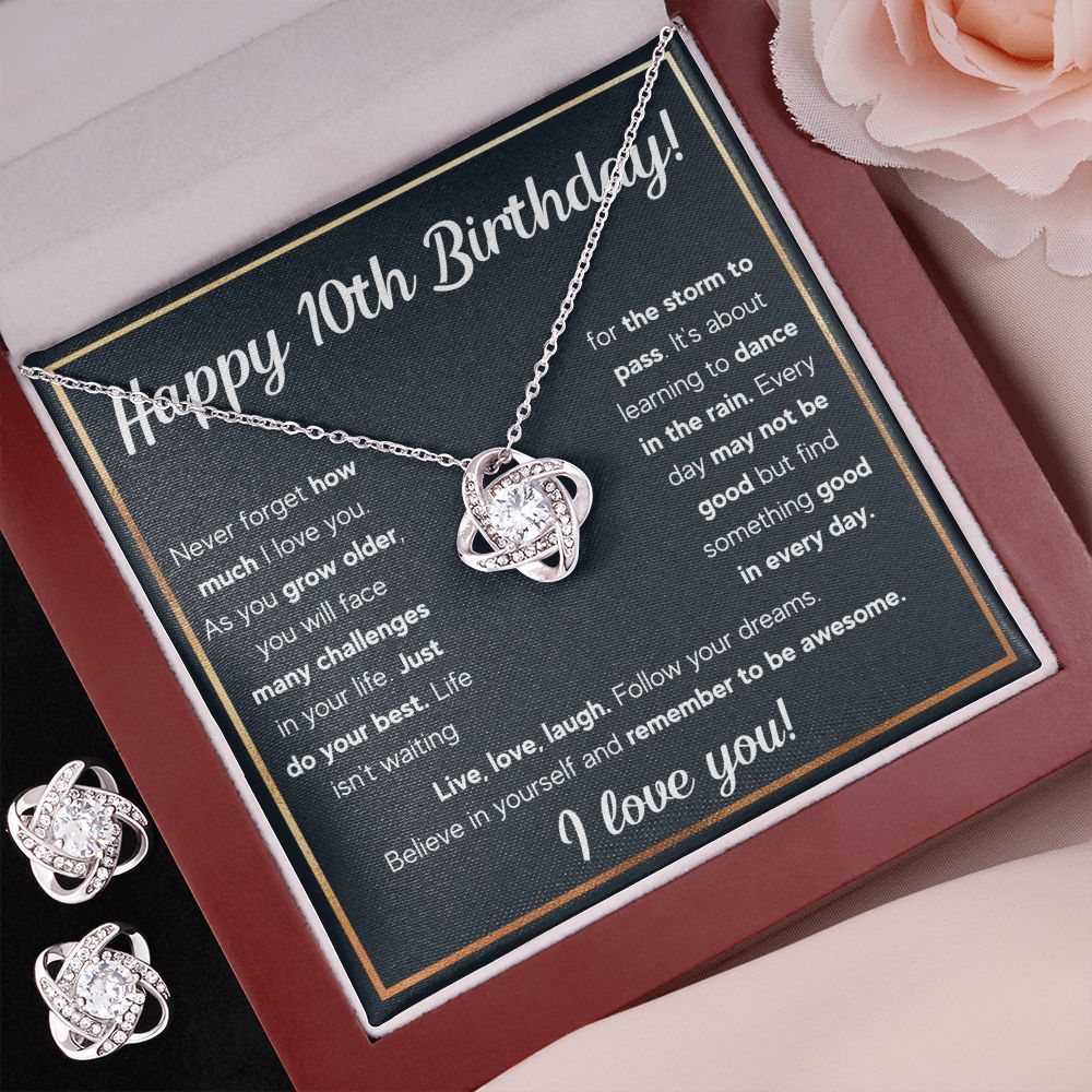 10TH BIRTHDAY RAIN LOVE KNOT NECKLACE AND EARRINGS SET