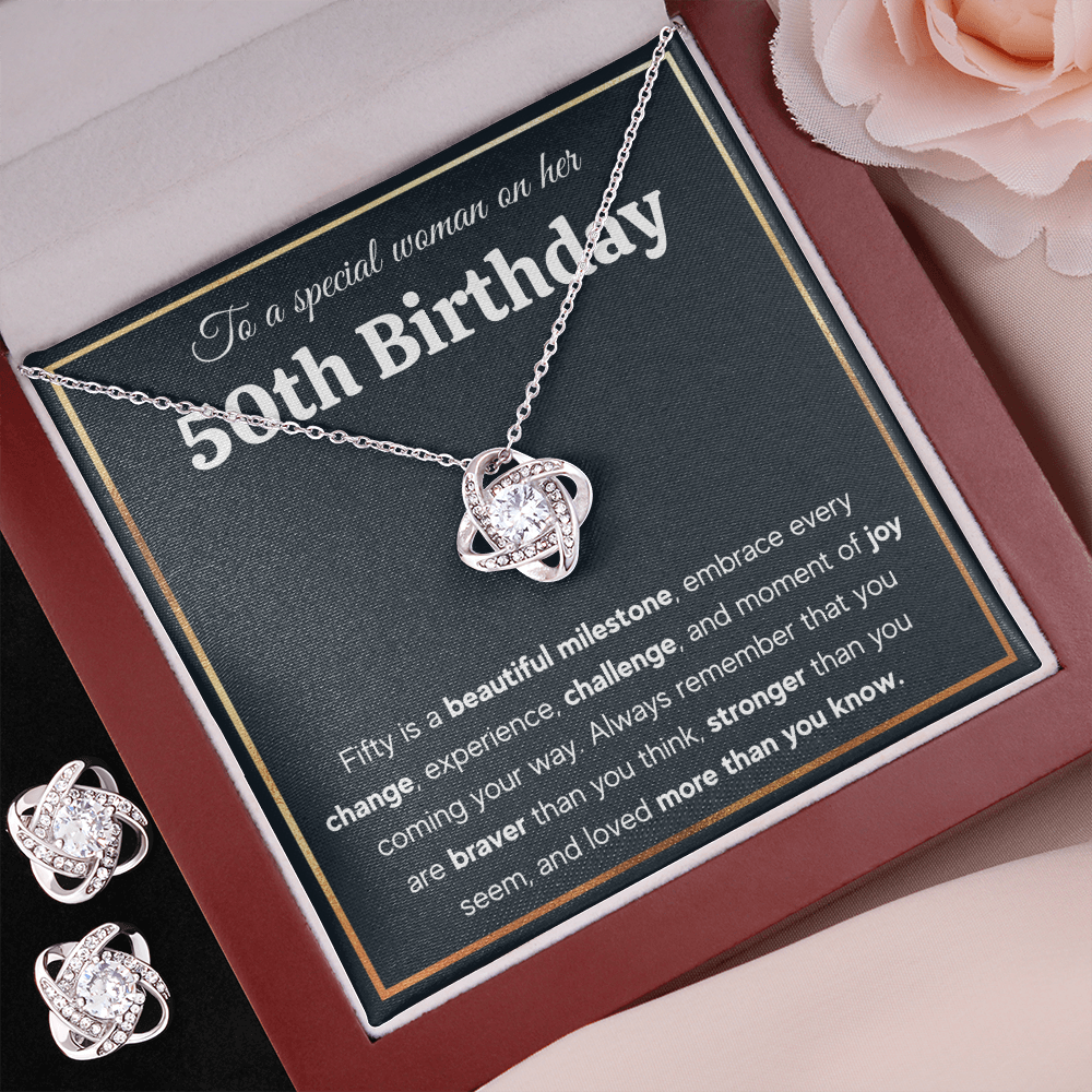 50TH BIRTHDAY MILESTONE LOVE KNOT NECKLACE AND EARRINGS SET