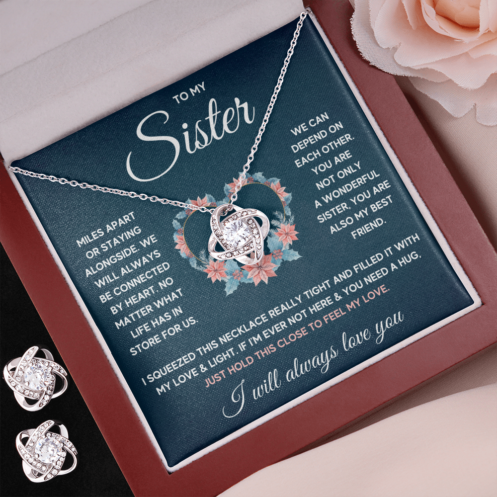 TO MY SISTER SQUEEZED LOVE KNOT NECKLACE AND EARRINGS SET