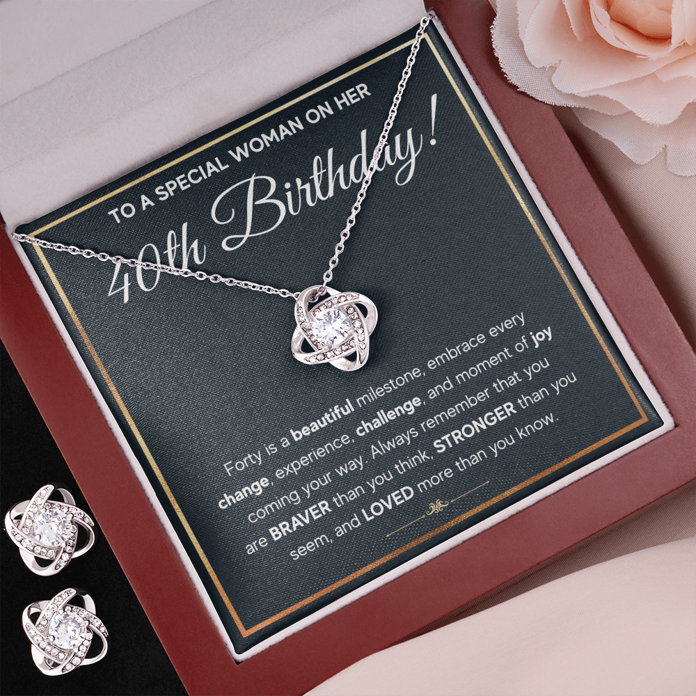 40TH BIRTHDAY MILESTONE LOVE KNOT NECKLACE AND EARRINGS SET