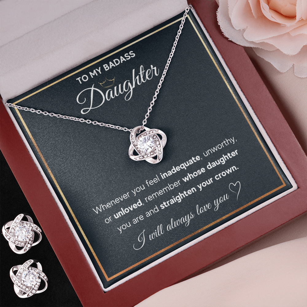 TO MY BADASS DAUGHTER LOVE KNOT NECKLACE AND EARRINGS SET