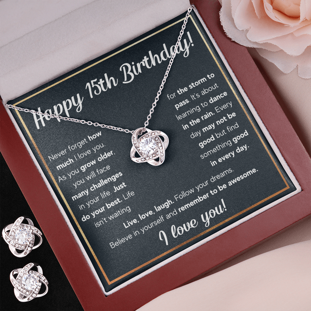 HAPPY 15TH BIRTHDAY RAIN LOVE KNOT NECKLACE AND EARRINGS SET
