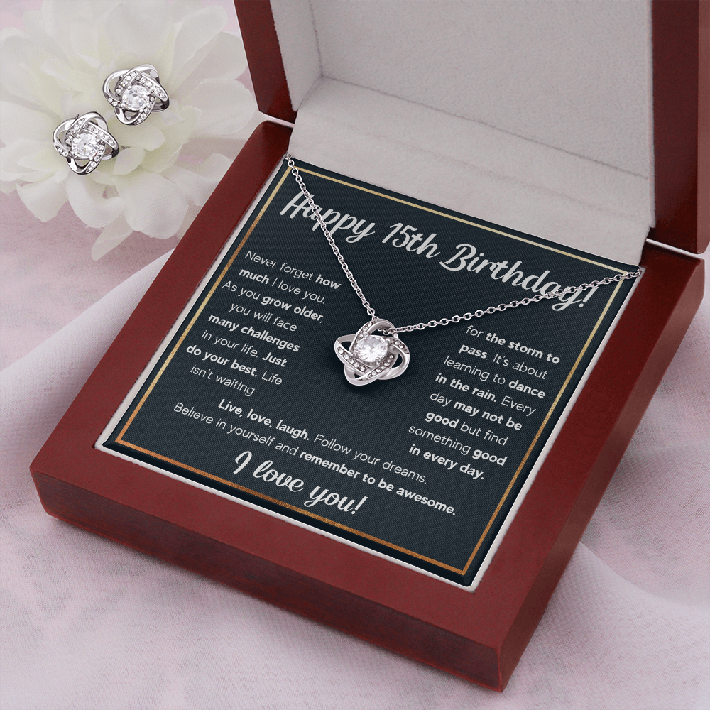 HAPPY 15TH BIRTHDAY RAIN LOVE KNOT NECKLACE AND EARRINGS SET